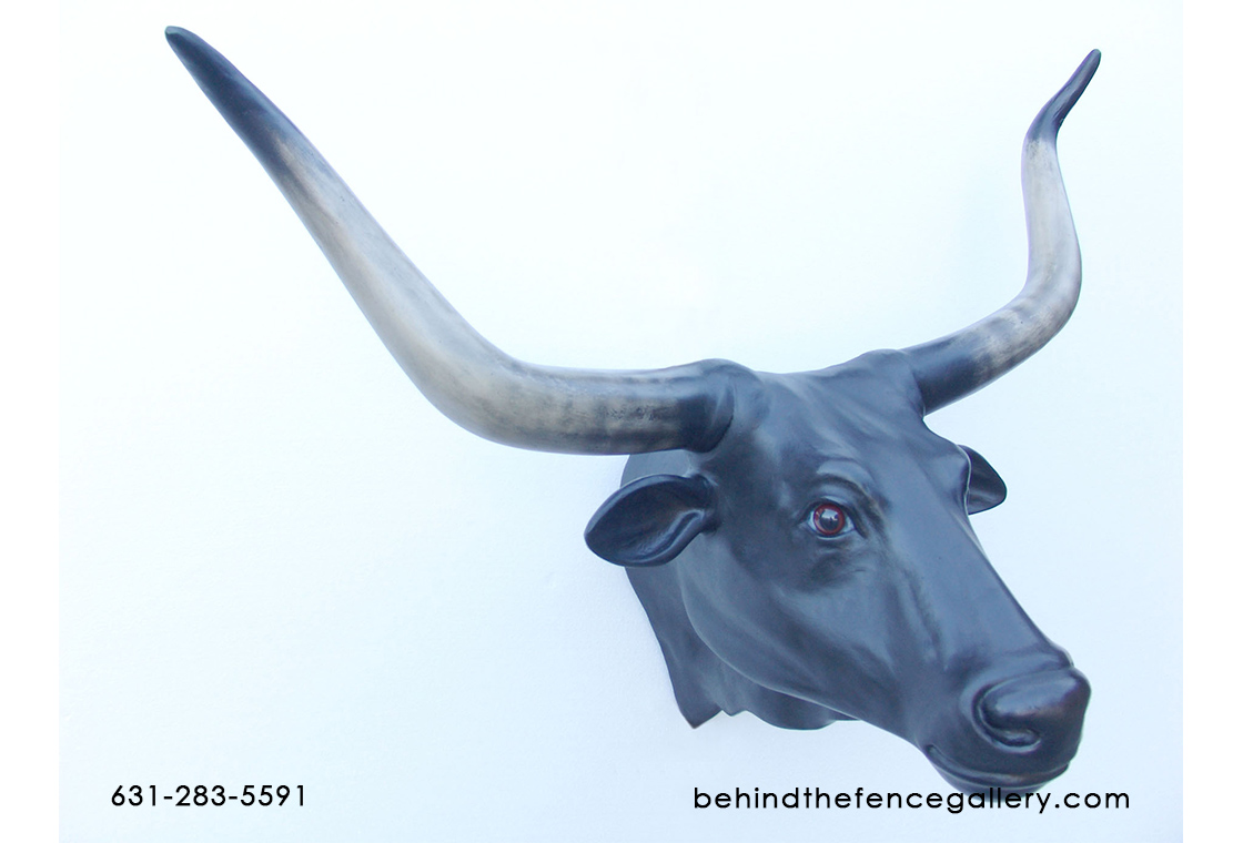 Black Bull Head with Long Horns Wall Mount - Click Image to Close