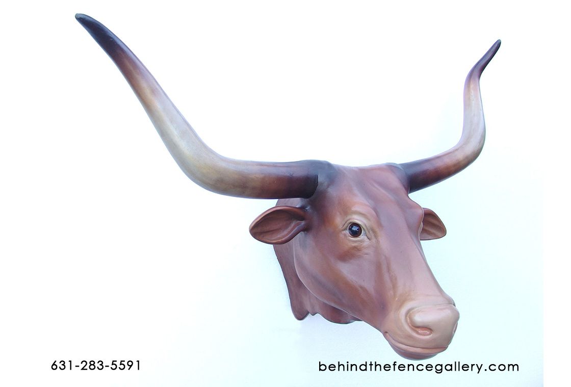 Brown Bull Head with Long Horns Wall Mount - Click Image to Close