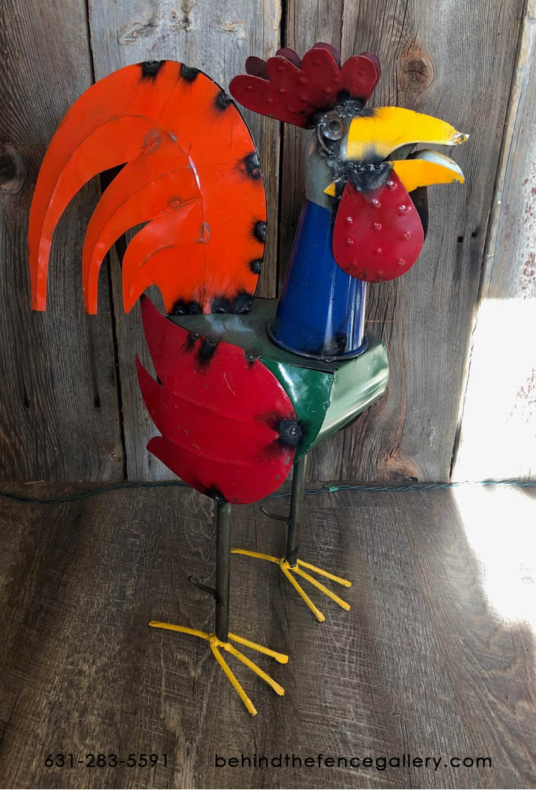 Recycled Metal Rooster Statue - 24"H.