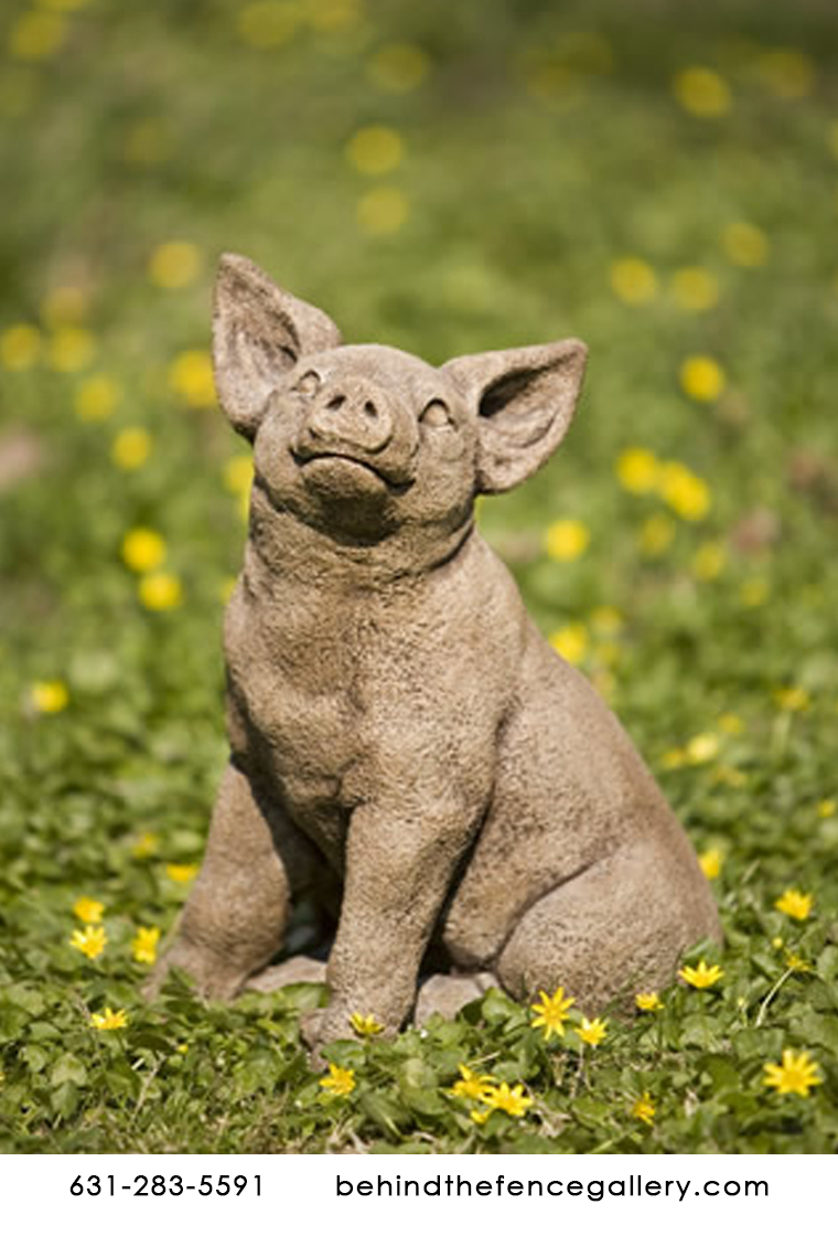 Perky Happy Young Pig Cast Stone Statue - Click Image to Close