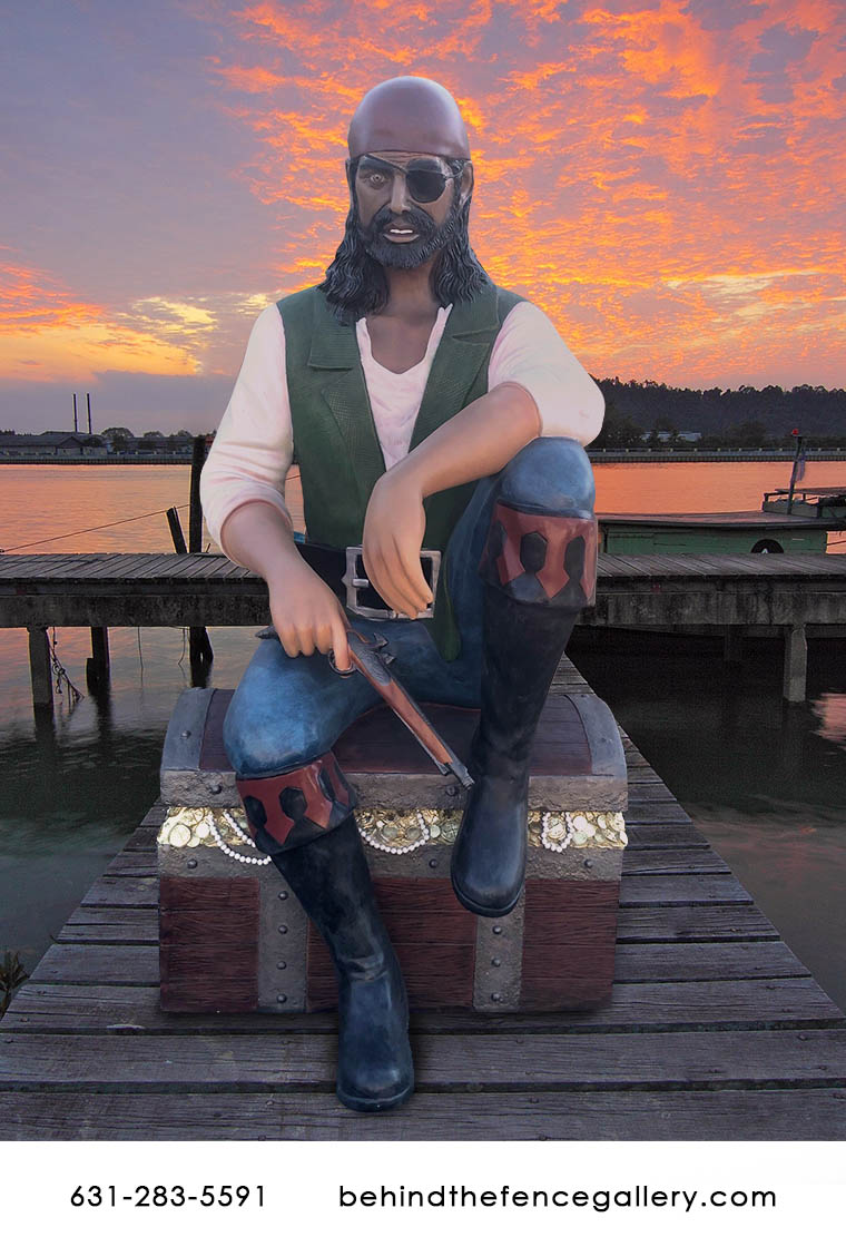 Pirate Sitting on Treasure Chest Statue - Click Image to Close